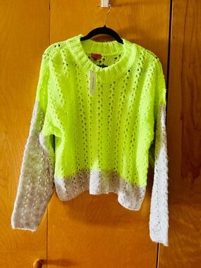 NWT miami Neon Yellow & Cream Open-Knit Crew Sweater